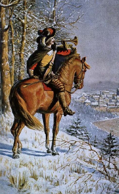 alexis de tocqueville a mounted bugler blowing a large bell instrument. Norge oil painting art